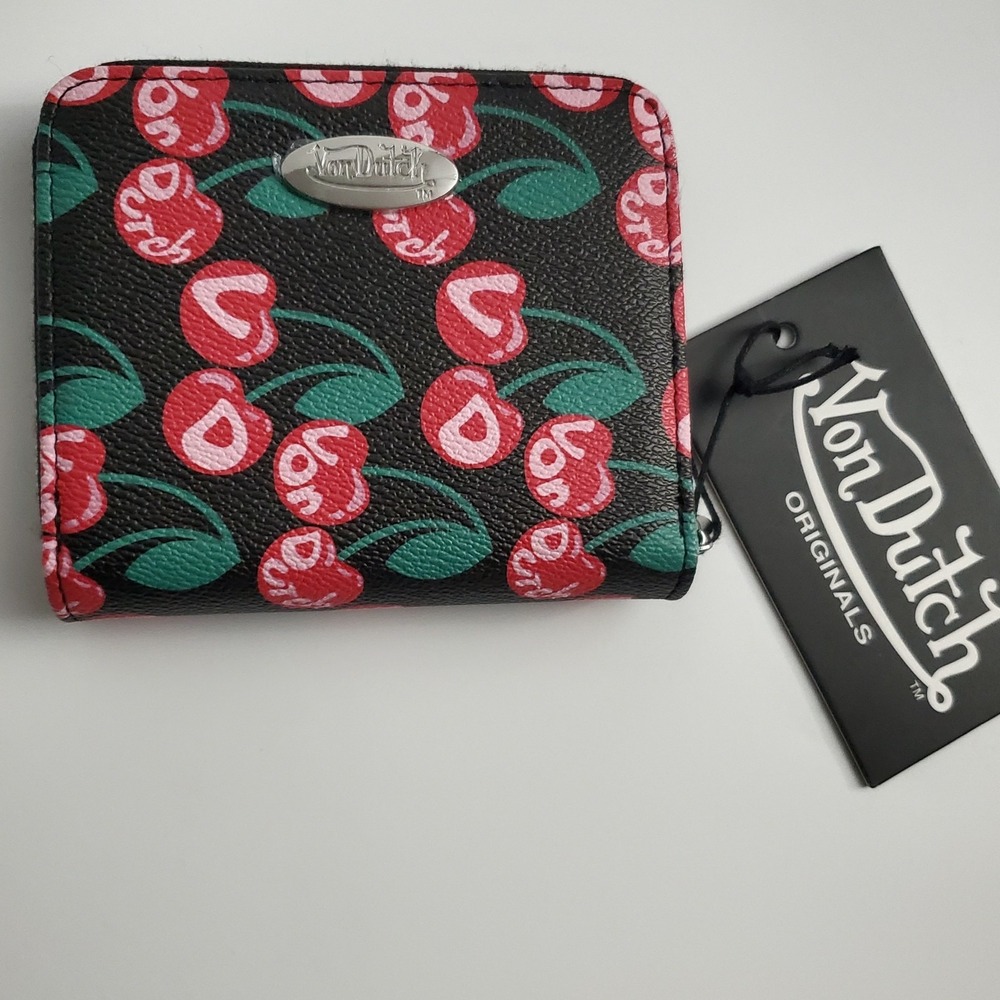 Von Dutch Black Cherry Zip-Around Wallet Bifold Logo Vegan Leather NEW!
